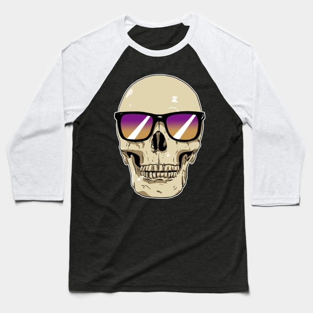 Skull Wearing Sunglasses Purple and Orange Lenses Baseball T-Shirt by Black Snow Comics